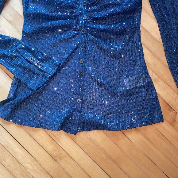 FREE PEOPLE Sequin Shirtee Varsity Navy Top Blouse Semi Sheer Boho Revolve - Picture 3 of 15